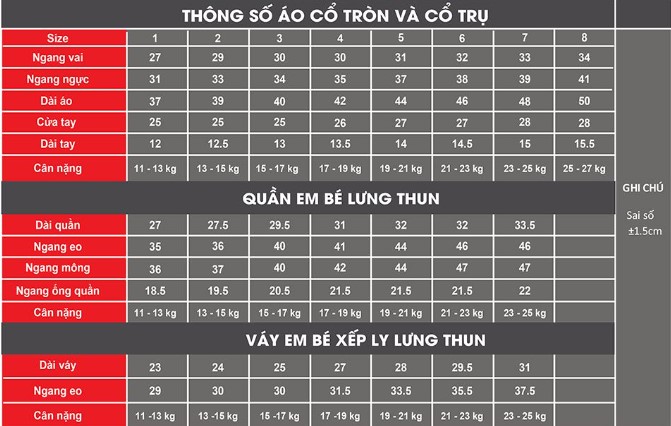 bảng size đồng phục mầm non