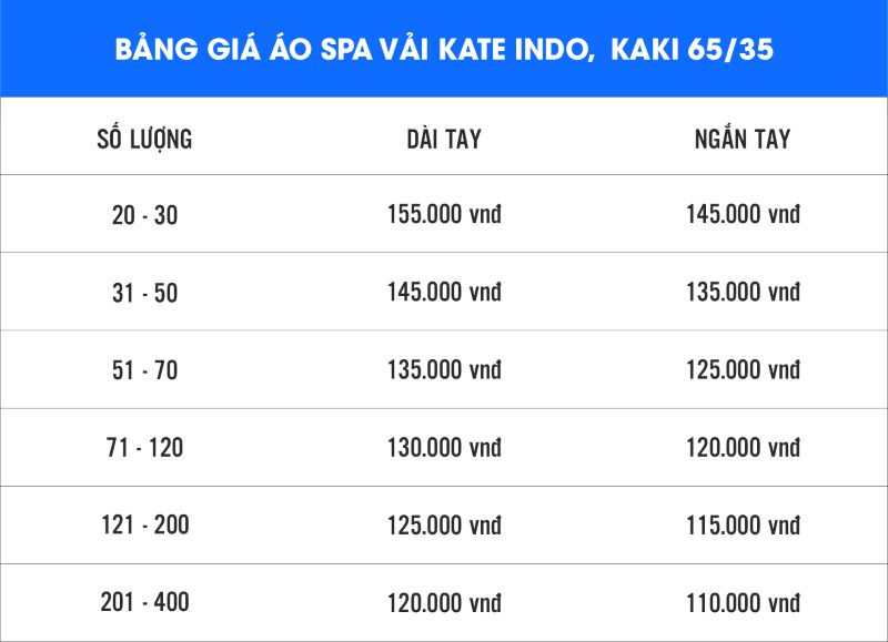 Bảng giá đồng phục Spa vải Kate Indo, Kaki 65/35