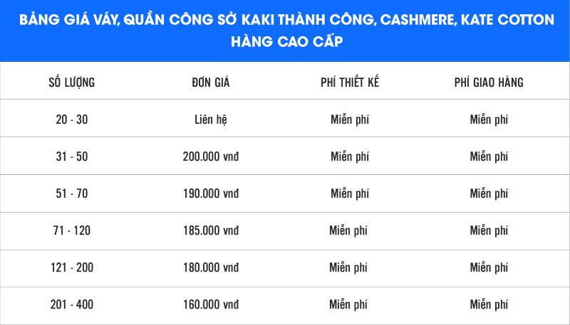 bảng giá may quần công sở đồng phục