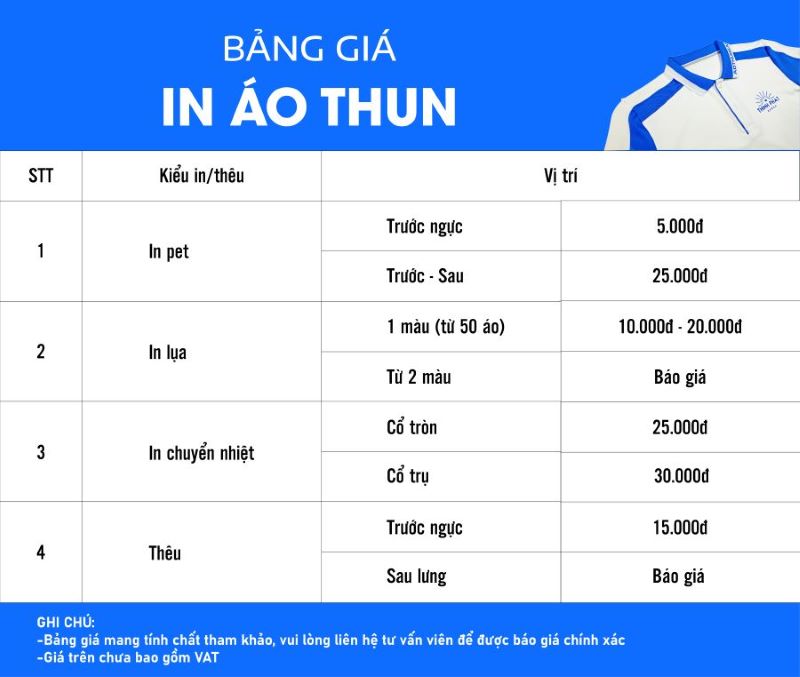 bảng giá in áo thun