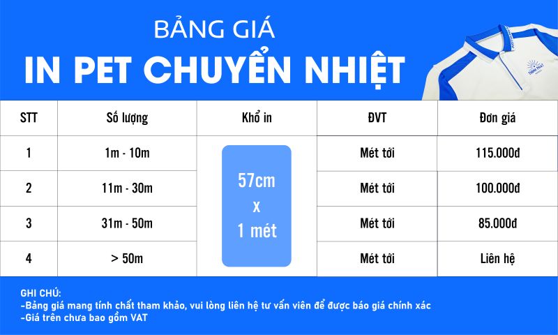 Bảng giá in pet chuyển nhiệt