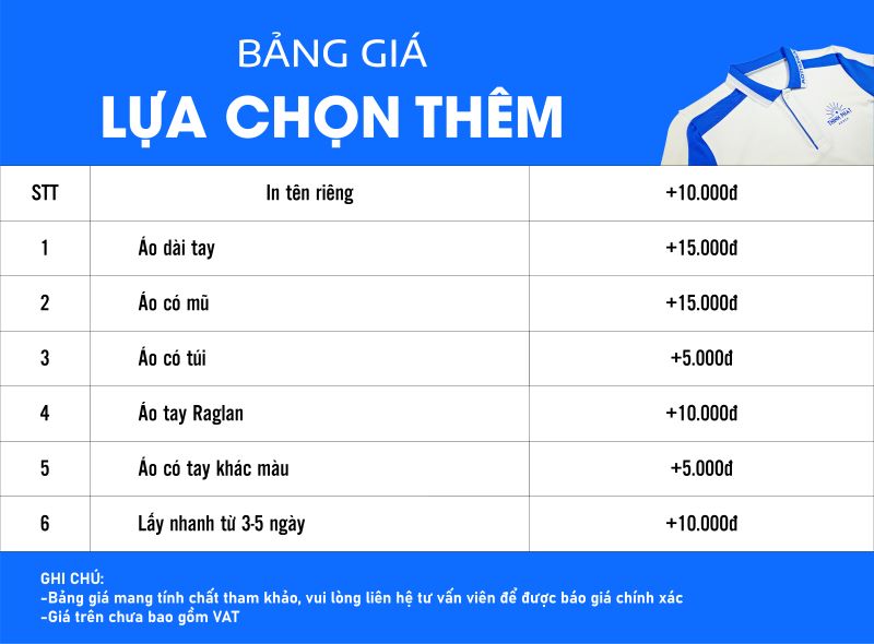 Bảng giá lựa chọn thêm theo yêu cầu